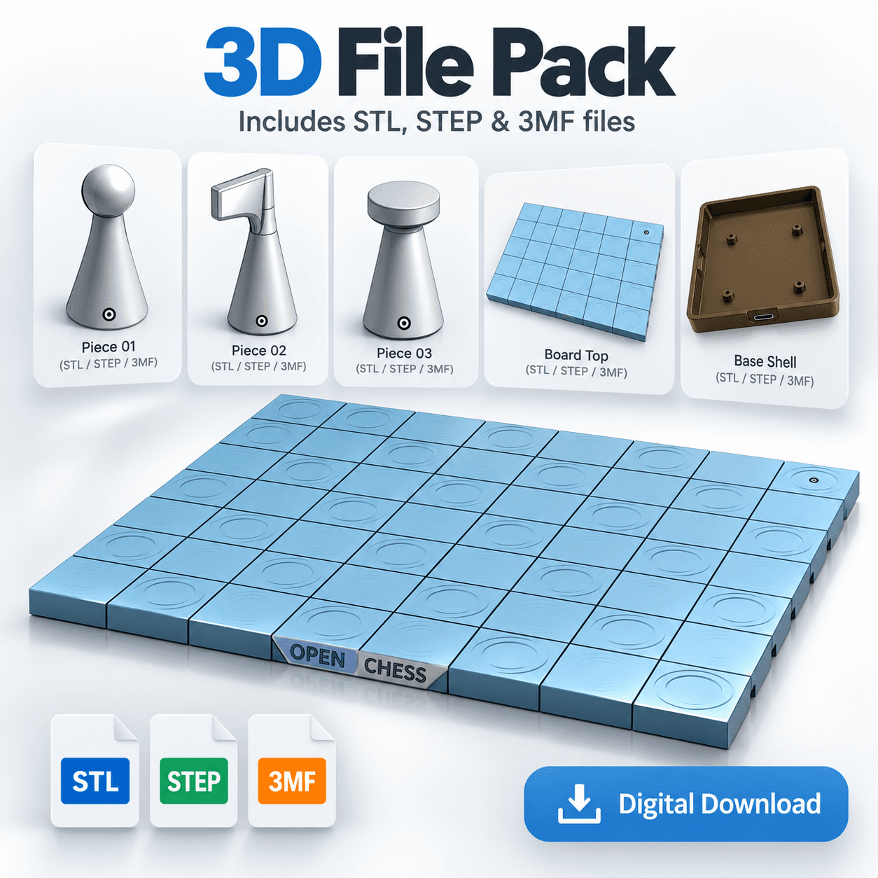 The Open Chess 3D file packet: STL, STEP, and 3MF files for pieces, the board top, and the base.