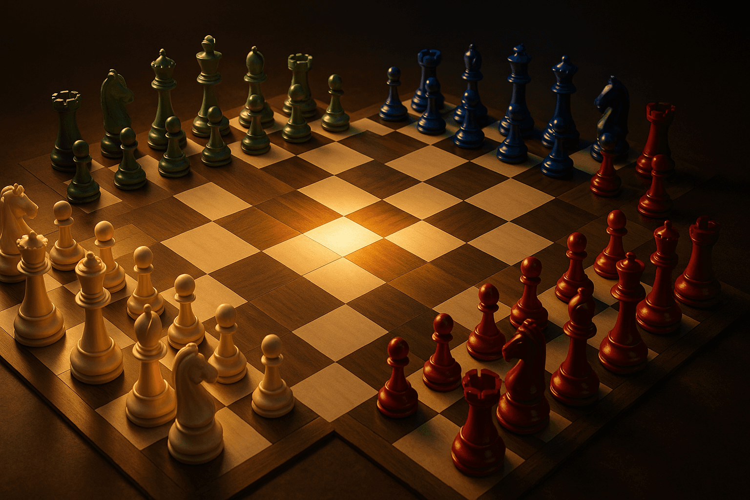Four-Player Chess — Five boards, four armies, one cross