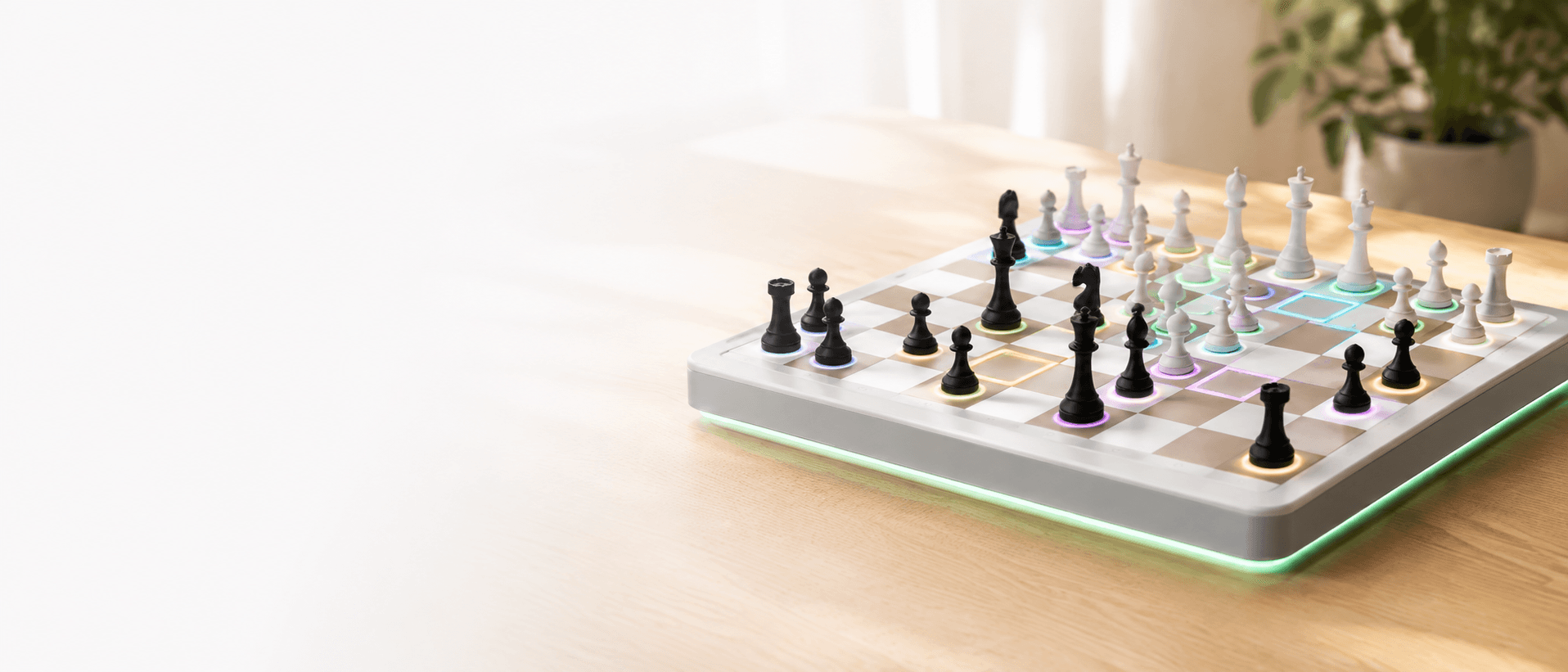 An Open Chess board mid-game on a wooden desk, with colored LED rings lighting squares.