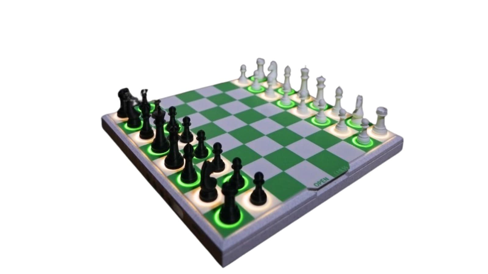A green and white Open Chess board with its starting position set up, the squares under each piece glowing green.