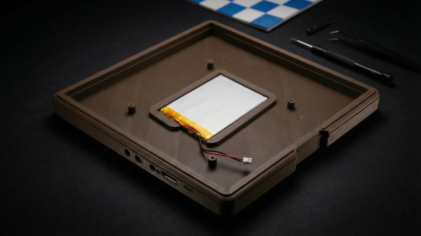 A lithium-polymer battery seated in the printed enclosure.