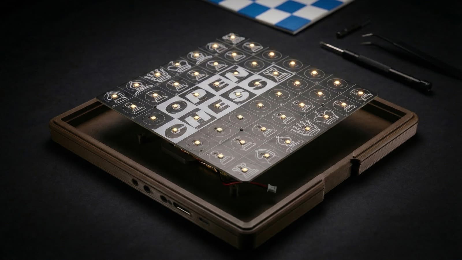 The board lifted out of its enclosure with all 64 addressable LEDs lit warm white.