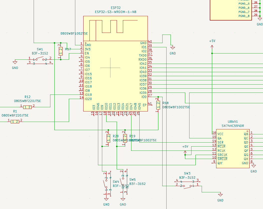 Schematic of the ESP32-S3 module, its USB connection, and the sensor multiplexing.