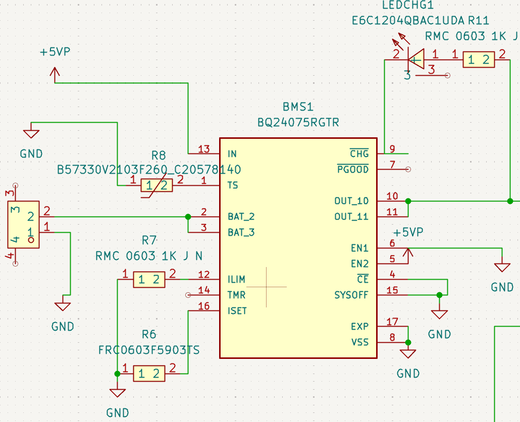 Schematic of the battery charger and power regulation circuit.